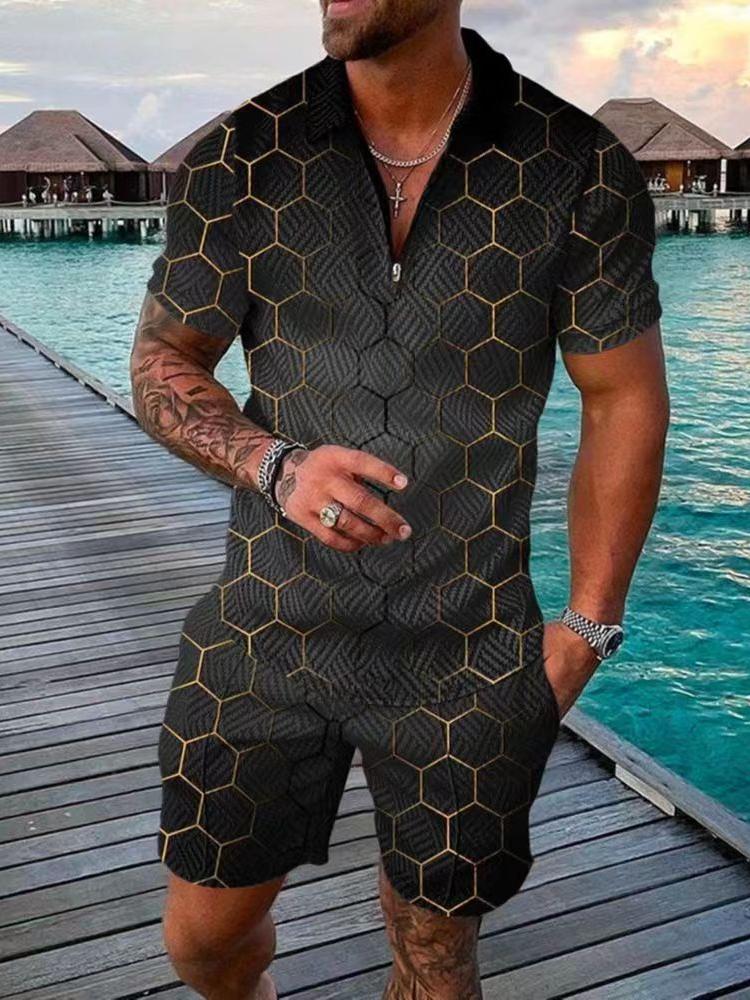 Polp Suit Men's New Printed Lapel Short-sleeved Pullover Casual Men's T-shirt Fashion Black Pink