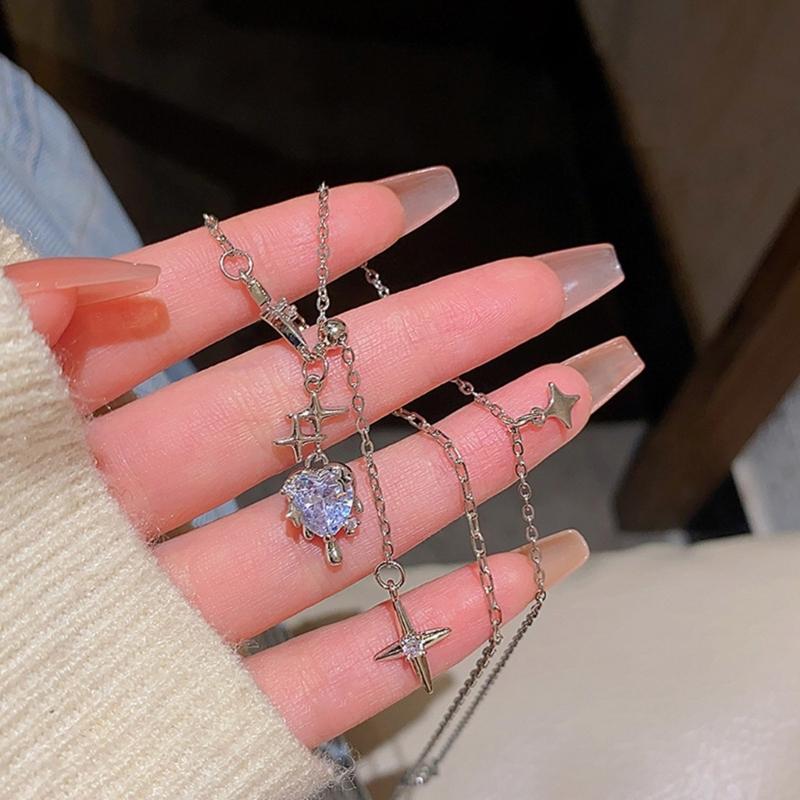 Korean Zircon Crystal Heart Clavicle Necklace Silver Color Y2k Star Pendant Necklaces for Women Aesthetic Jewelry Gift