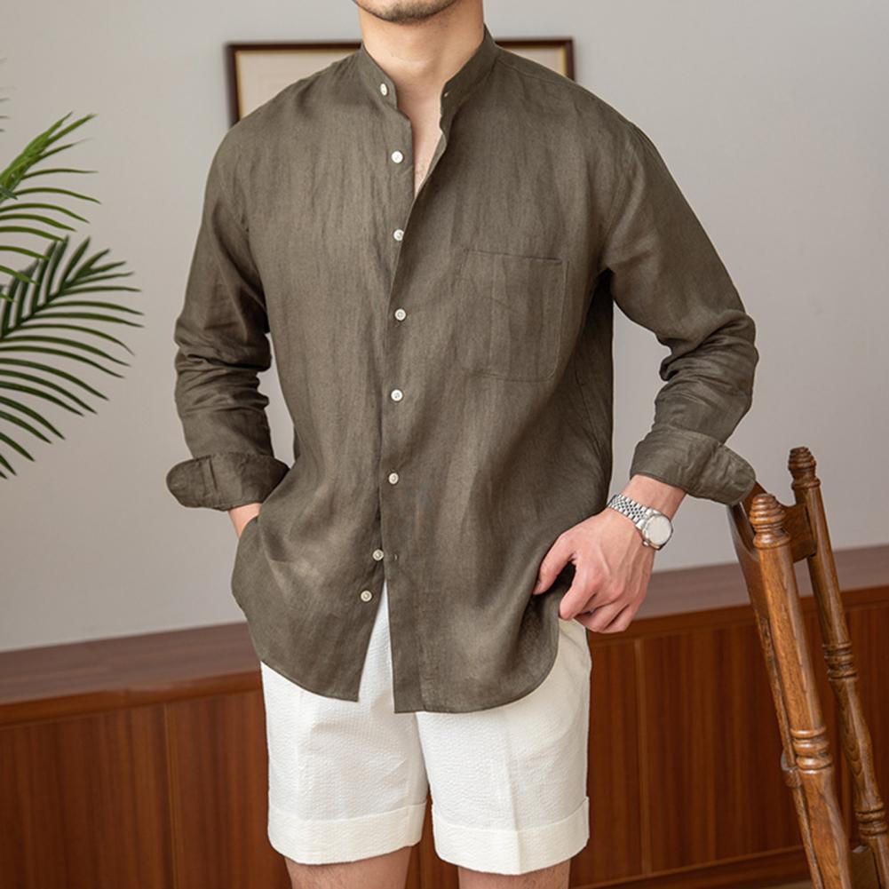 Spring Fall Men Shirt Stand Collar Single-breasted Long Sleeves Buttons Solid Color Cardigan Formal Business Style Office Top