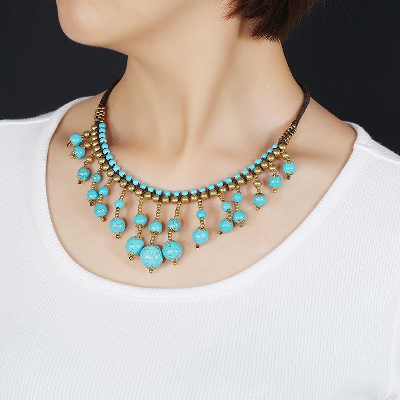 Bohemian ethnic style short necklace women's collarbone chain red and blue turquoise fringed anklet retro vacation set