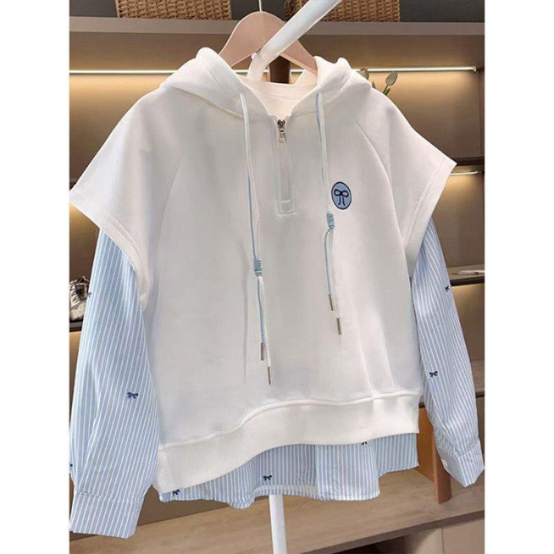 Girls Autumn Thin Hooded Fake Two Piece Sweatshirt Medium Large Kids Long Sleeve Student Jacket 120