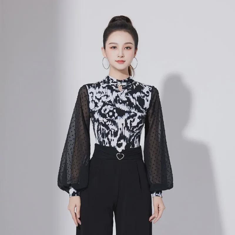 Salopetă modernă pentru damă, cu mâneci lantern, cu protecție pentru gât și guler înalt - îmbrăcăminte de dans standard național