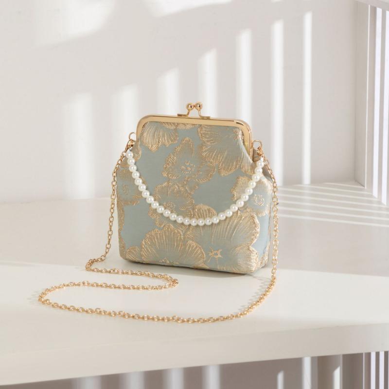 New Antique Mouth Gold Bag Rich Flower Pattern Women's Messenger Evening Cheongsam Bag Mobile Phone Chain Small Square Bag