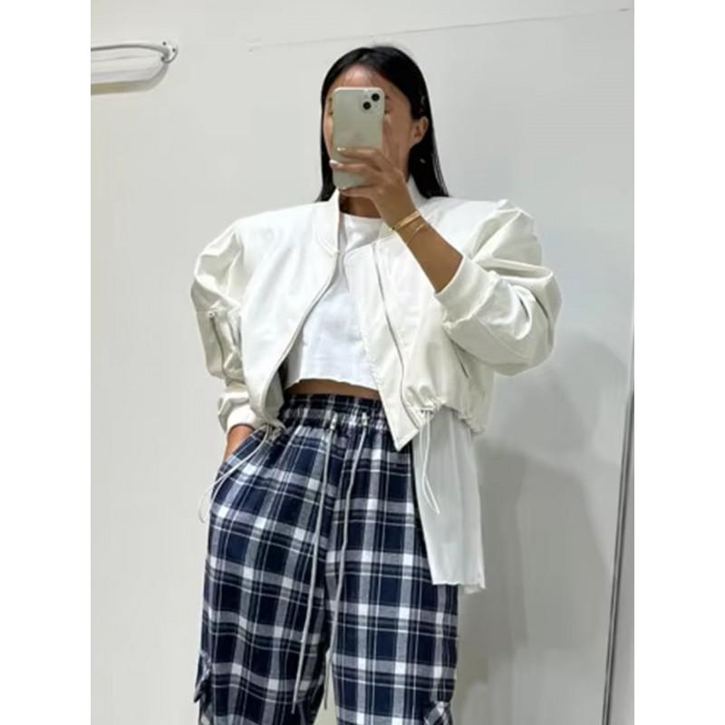 Womens Short PU Leather Bomber Jacket With Ribbed Stand Collar Zip Front Multiple Pockets Loose Fit Urban Casual Style