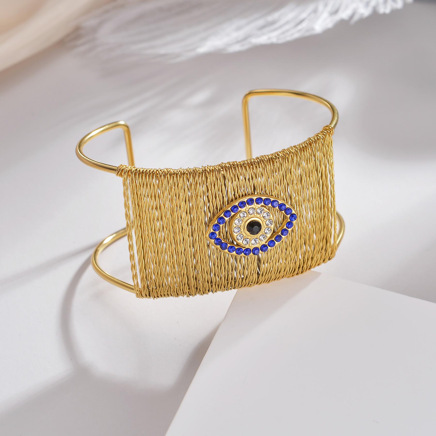 

Atoztide New Wide Hollow Woven Bracelet for Women Men Stainless Steel Gold Color Blue Eye Adjustable Vintage Bangle Jewelry Gift