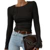 Women Black Ribbed Long Sleeve Top Round Neck Fitted New Casual Versatile Blouse