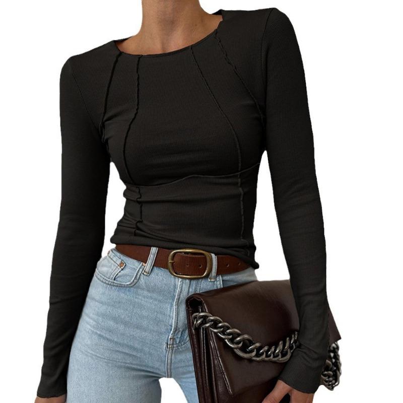 Women Black Ribbed Long Sleeve Top Round Neck Fitted New Casual Versatile Blouse