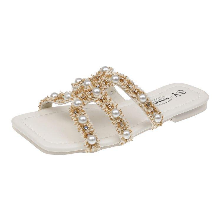 

[youshilai] thick-heeled silver one-word slippers fairy shoes 2025 new summer French rhinestone sandals 35