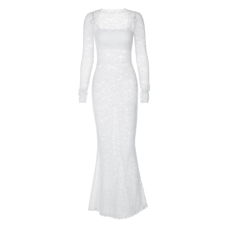 Dame Blonder Gjennomsiktig Kjole Sexy Firkantet Hals Langermet Utspart Bodycon Lang Kjole Aftenkjoler