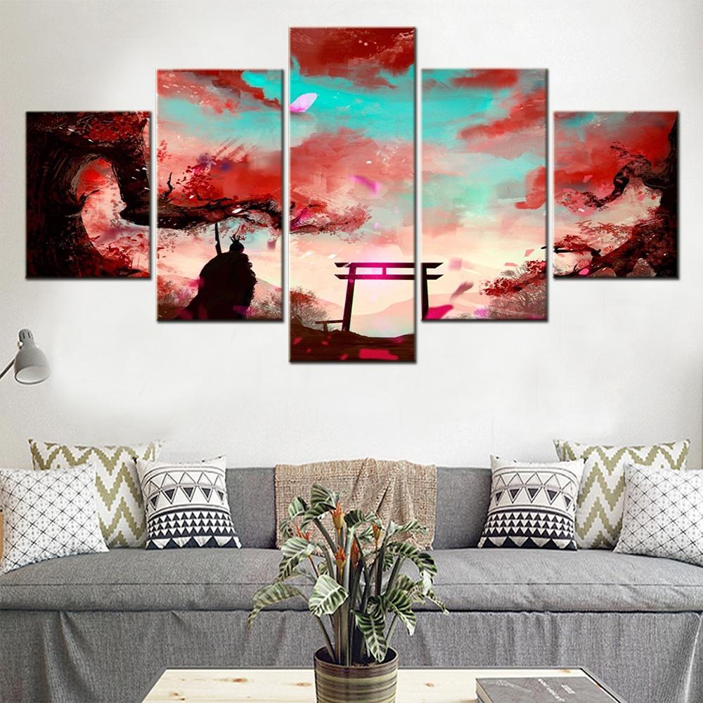 5 Pieces Animation Landscape Canvas Ghislain Painting Samurai Sakura Torii Poster Picture Print Home Decor Living Room Wall Arts