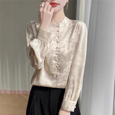 Camisa de Satén Jacquard de Seda China Para Mujer Primavera Verano Nueva Cuello Redondo Manga Larga Top Blusa Elegante y Cómoda Camisa