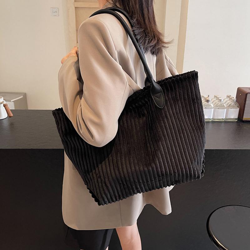 Elegant Solid Color Corduroy Tote Bag for Women Spacious Large Capacity Top Handle Daily Commute or Shopping Shoulder Bag CLE