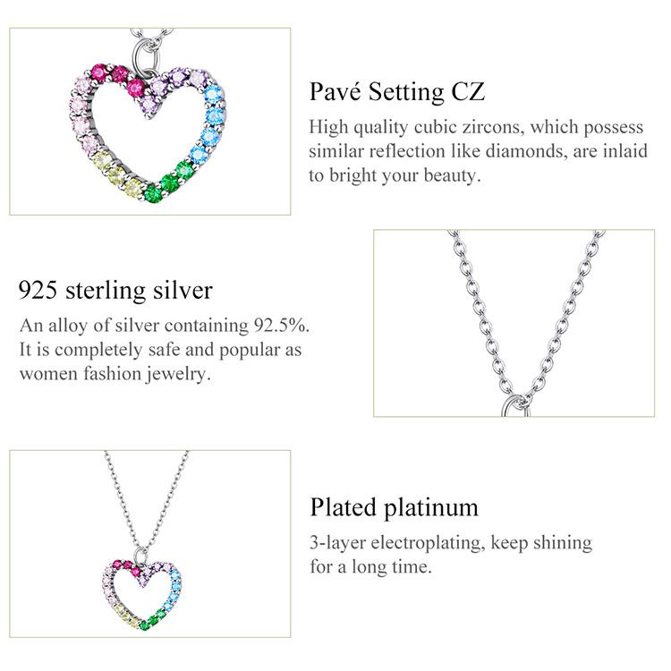 BAMOER 925 Sterling Silver Curcubeu Colorat Inimă Model Dragoste Orbitor Zircon Colier Lanț Veriga pentru Femei Bijuterii