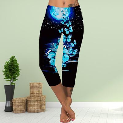 Calças Leggings Curtas de Verão Calças Skinny Cropped Plus Size Leggins Senhoras Slim 3D Rosa Brilhante Borboleta Estampa Calças