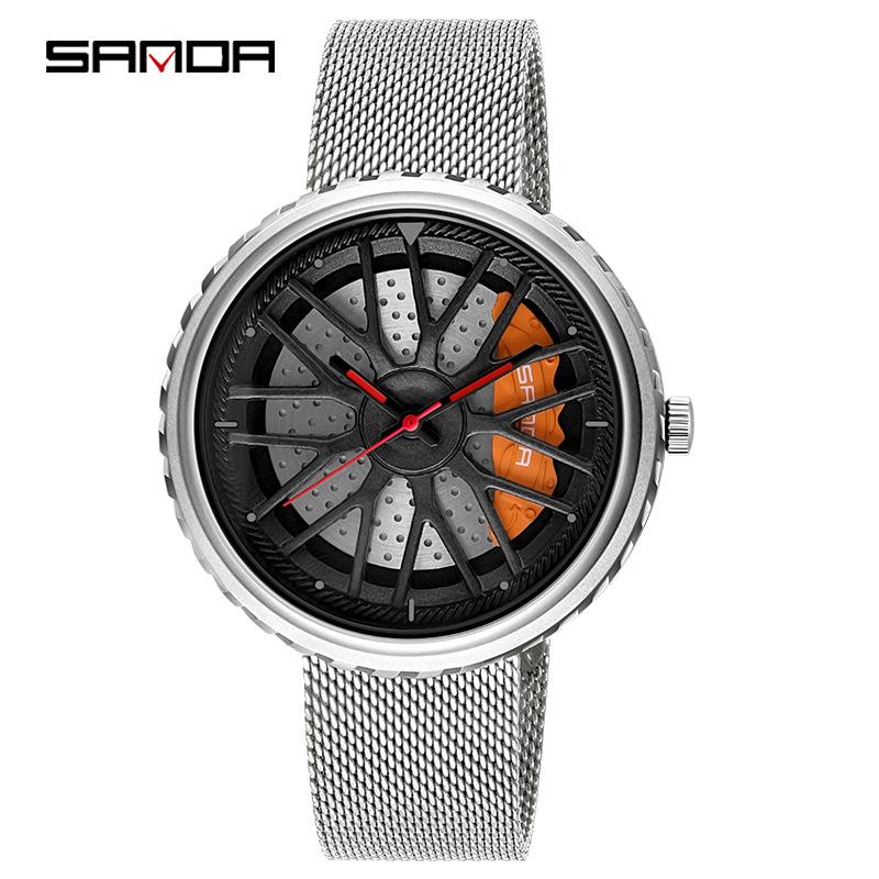 Sanda Men's Fashion Quartz Watch, Mesh Strap, Waterproof, Outdoor Casual, Hollow Wheel Dial.