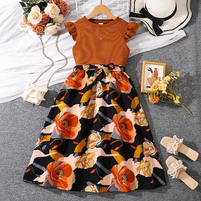 Girls Suit 7-14Y Children's Summer New Fashion Printing Half-body Skirt + Temperament Short-sleeved Top 2PCS