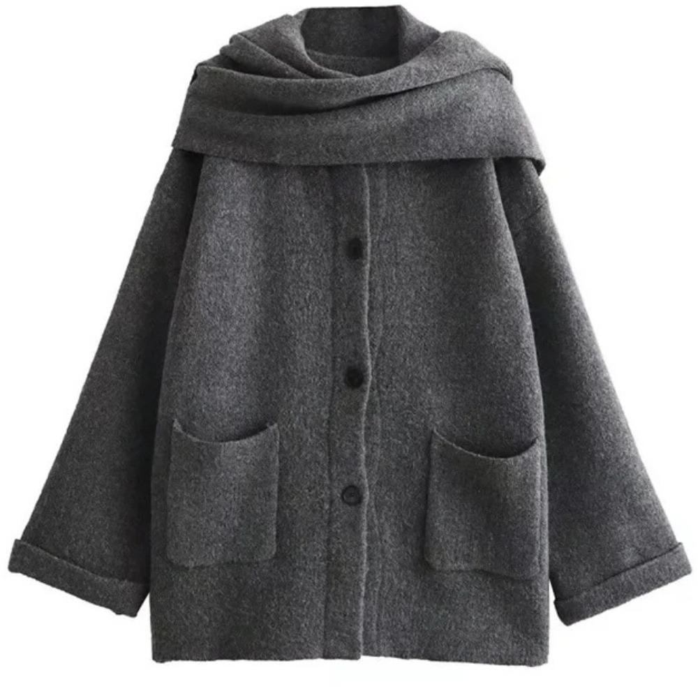 Women's Knitted Cardigan with Scarf Slim Casual Jacket Long Sleeve Patchwork Pocket Jacket Elegant Office Women's Sweater