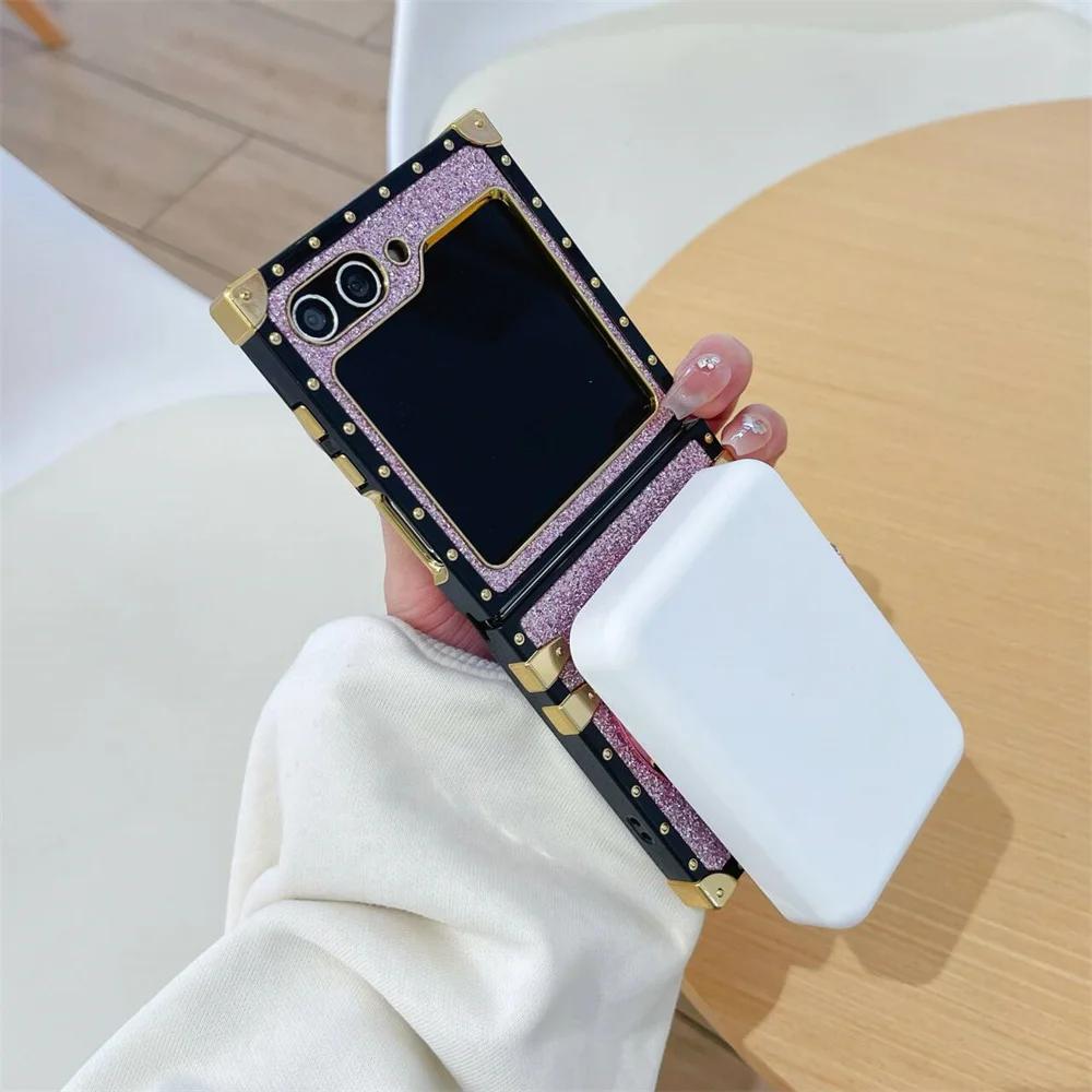 Verchromung Bling Glitzer Niedlich Mädchenhaft Handyhülle mit Spiegel Magnetischer Halter Für Samsung Galaxy Z Flip 6 5 4 3 5G Rückseite