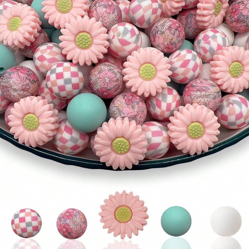 25PCS daisy and floral printed silicone bead set, punk style, suitable for DIY keychains, bracelets, bead pens