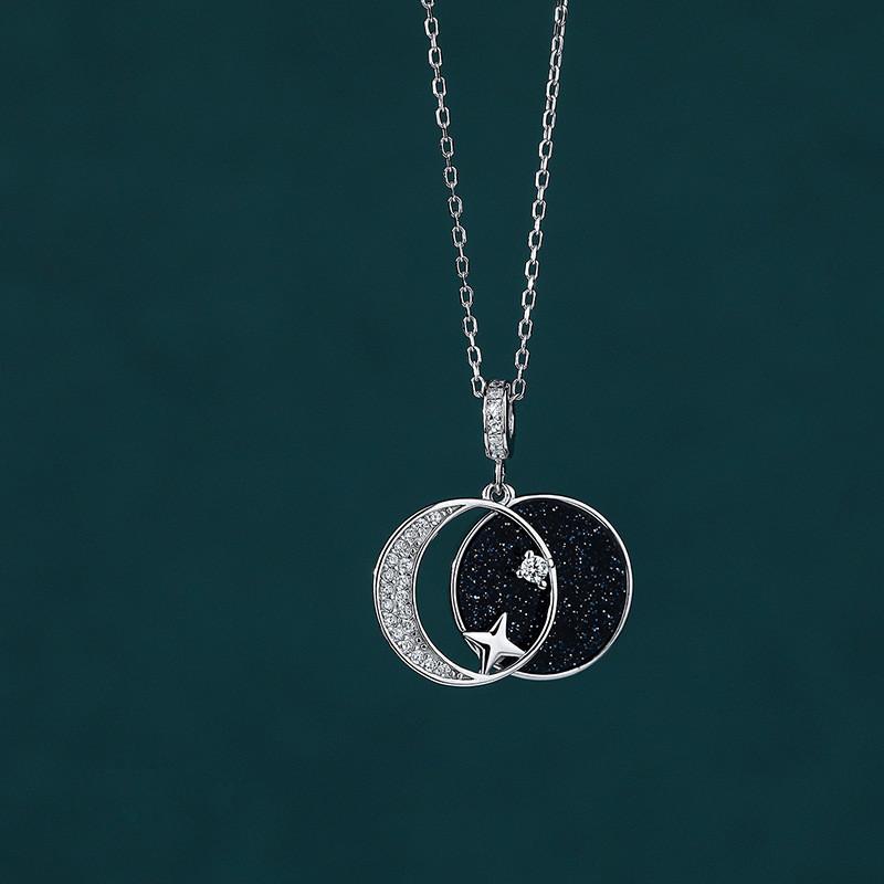 

925 Sterling Silver Exquisite Zircon Moon Star Frosted Stone Necklace for Women Birthday Gift Jewelry серебряный