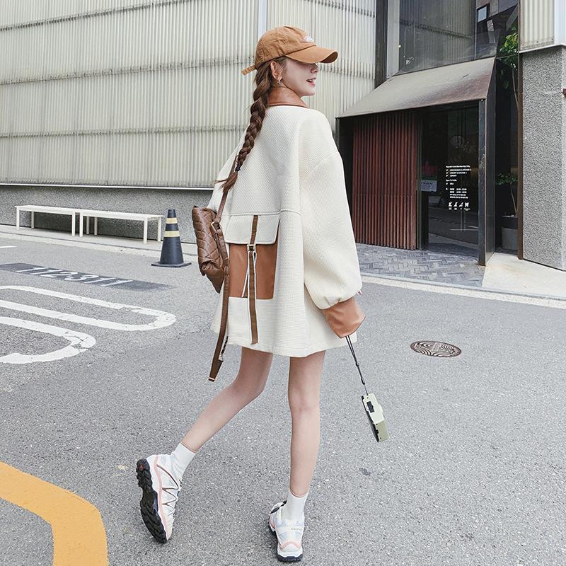 Pu Leather Multi-pocket Work Jacket for Women Spring and Autumn New Retro Hong Kong Style Niche Casual Loose Jacket