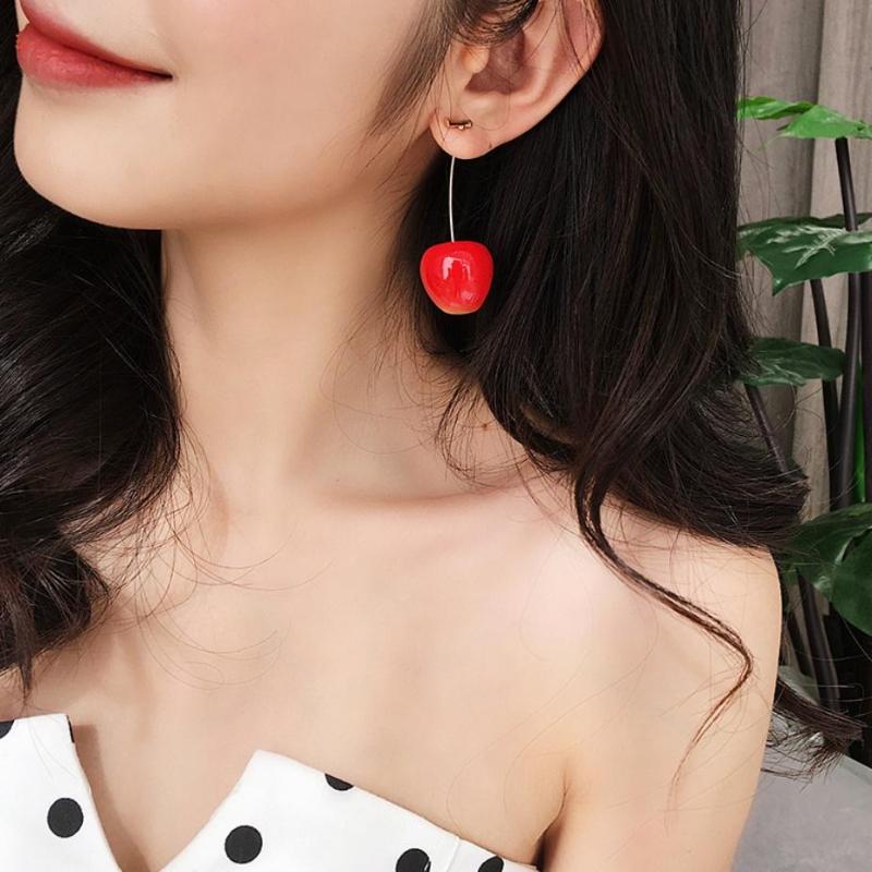1Pc Pair Cute Sweet Simulation Red Cherry Gold Color Fruit Stud Earrings for Women Girl Gift