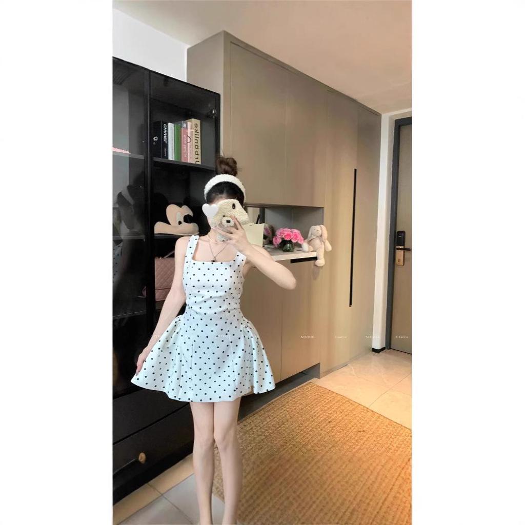 White Polka Dot Strappy Dress: Backless, Waist-Slimming, Puffy Skirt for Women