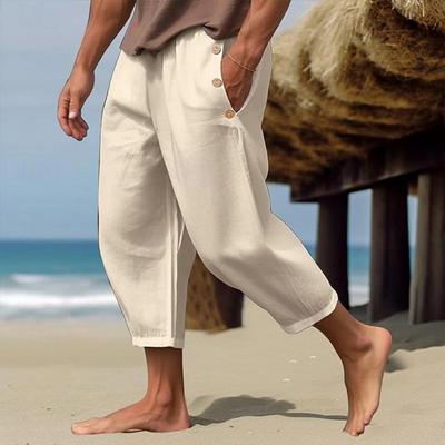 Men Cropped Pants Loose Side Pockets Drawstring Elastic Waist Quick-drying Solid Color Gym Traning Beach Sweatpants Long Trousers
