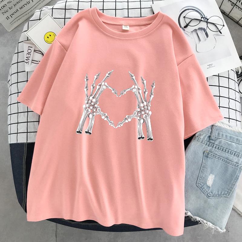 Skelettfinger Vergleichen Mit Dem Herz-Print Damen T-Shirt Street Casual T-Shirt Übergroße Weiche T-Shirts Baumwolle Atmungsaktive T-Shirts