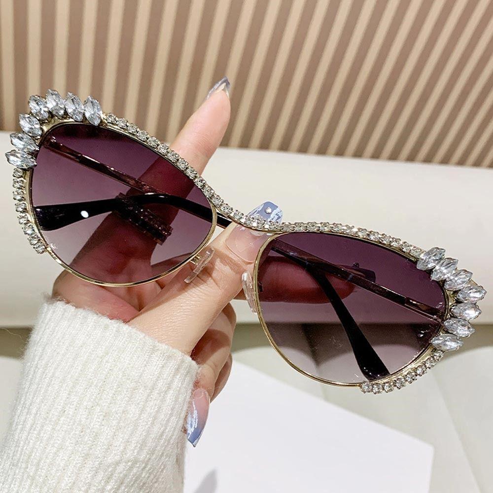 Fashion Cat-Eye Rhinestone Embellished Metal Sunglasses Street Style UV Protection Women's Shades Ladies Street Shooting Eyewear
