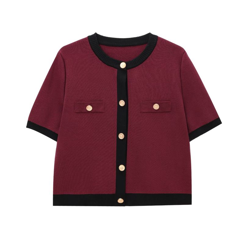

Zbzr Spring New Women clothes Western Style Fashion Contrast Color round Neck Short sleeve Knit cardigan 1822006 070 Dark Red/Black Strip L