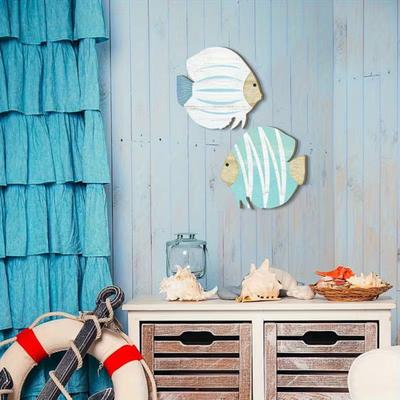 2 Pcs Wood Fish Beach Wall Art Wooden School of Fish Wall Decor Nautical Coastal Theme Wall Hanging Ornament for Bathroom Lake House