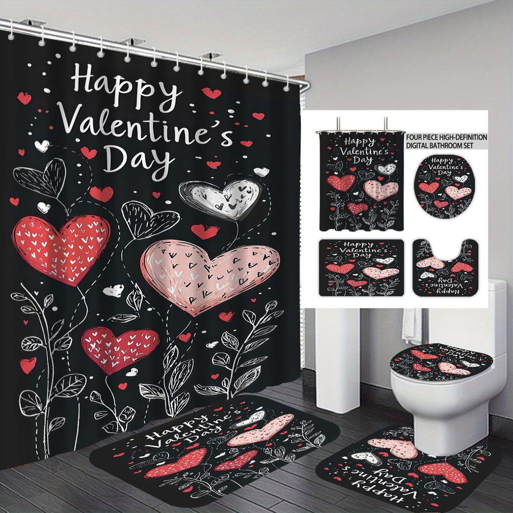 4 Stück Valentinstag Romantische Liebe Schwarz Bedrucktes Badezimmer-Set 180x180 Wasserdichter Duschvorhang Fußmatte U-förmige Toilettenmatte