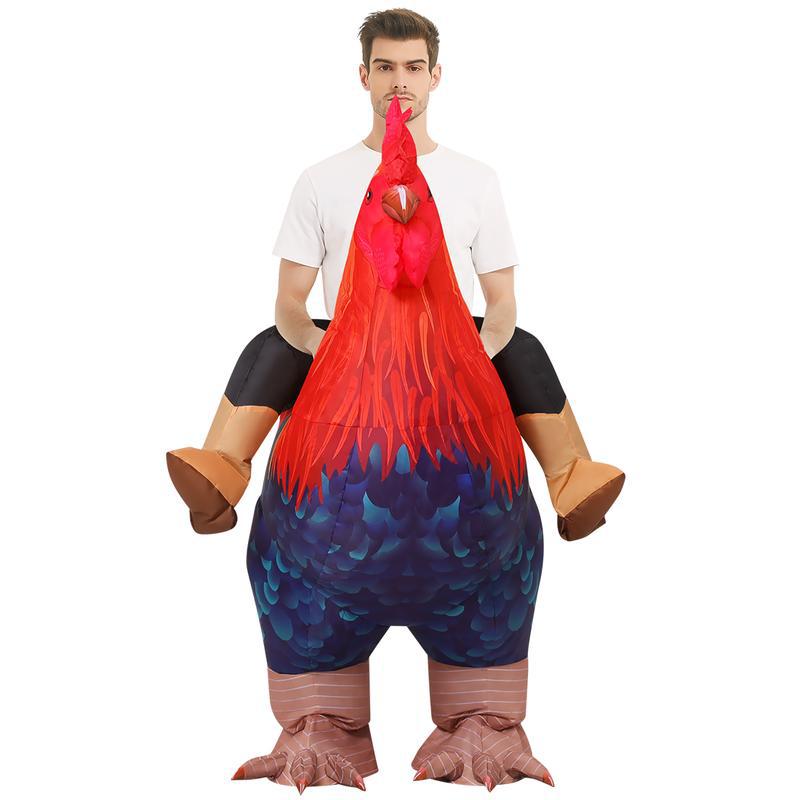 Sapphire blue and colorful rooster inflatable costume for adults.