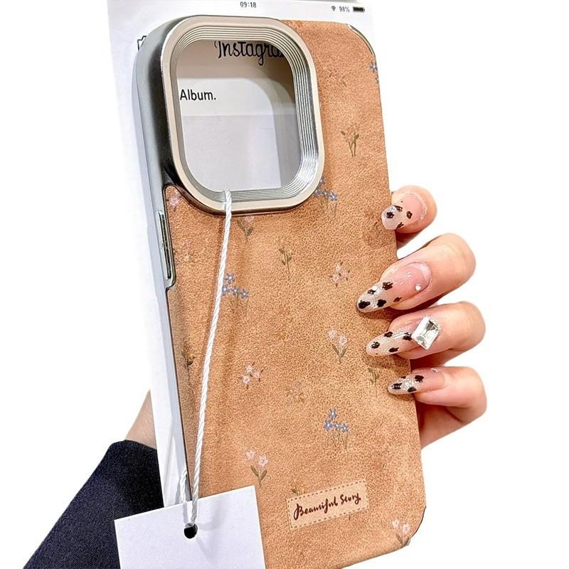 Autumn and Winter Brown Leather Small Floral Suitable for IPhone17promax Mobile Phone Case 15 14 Anti Fall 13 Lanyard