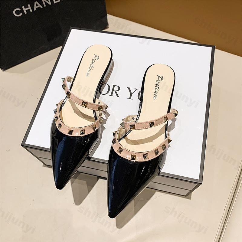 Fashion Women High Heels 2025 Summer New Fashion Rivet Female Pumps Slippers Pointed Sexy Female Sandal Dress Party Patent Leather