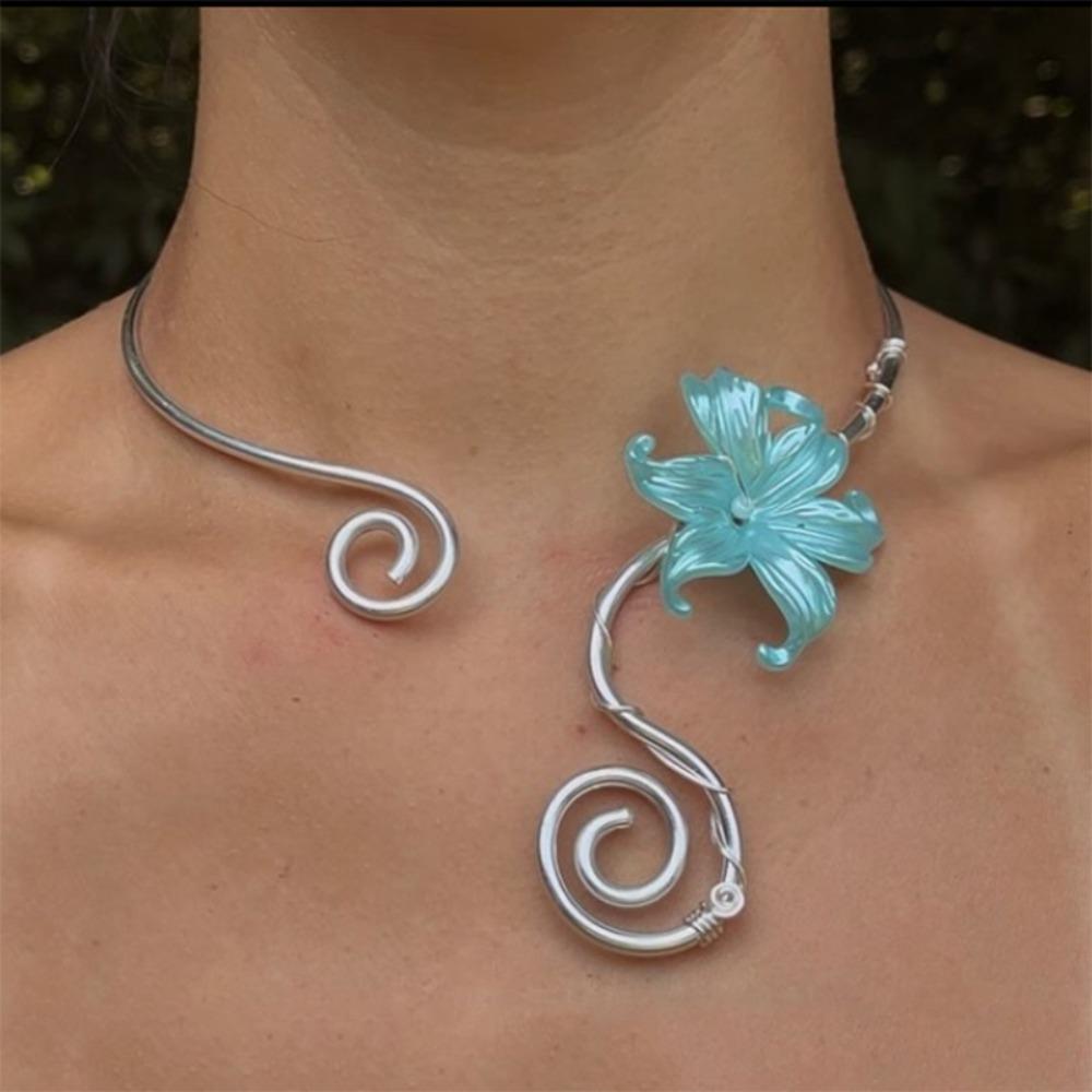 Flower Pattern Collar Necklace Colorful Women Necklace Vintage Iris Flower Necklace