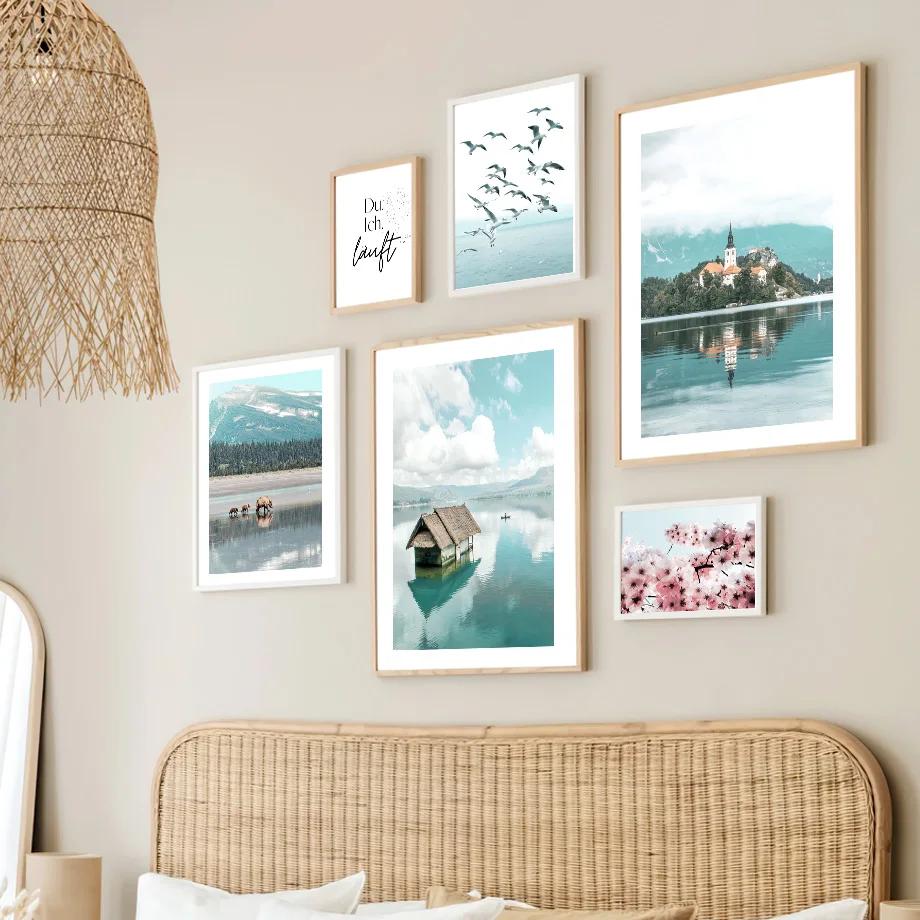 Calm Ocean Landscape Seagull Beach Shell Romantic Sakura Art Canvas Print Painting Posters Living Room Wall Picture Home Decor