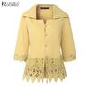 ZANZEA Damen Elegantes Hemdkragen 3/4 Ärmel Häkelspitze Patchwork Bluse