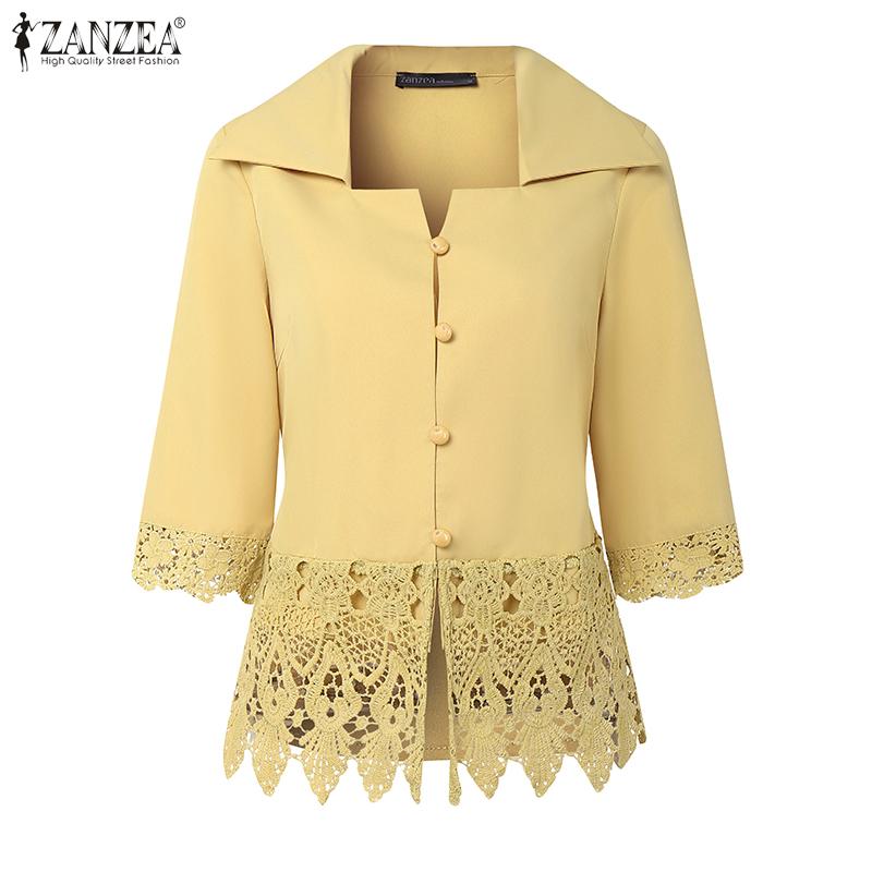 ZANZEA Women Elegant Shirt Collar 3/4 Sleeve Crochet Lace Patchwork Blouse