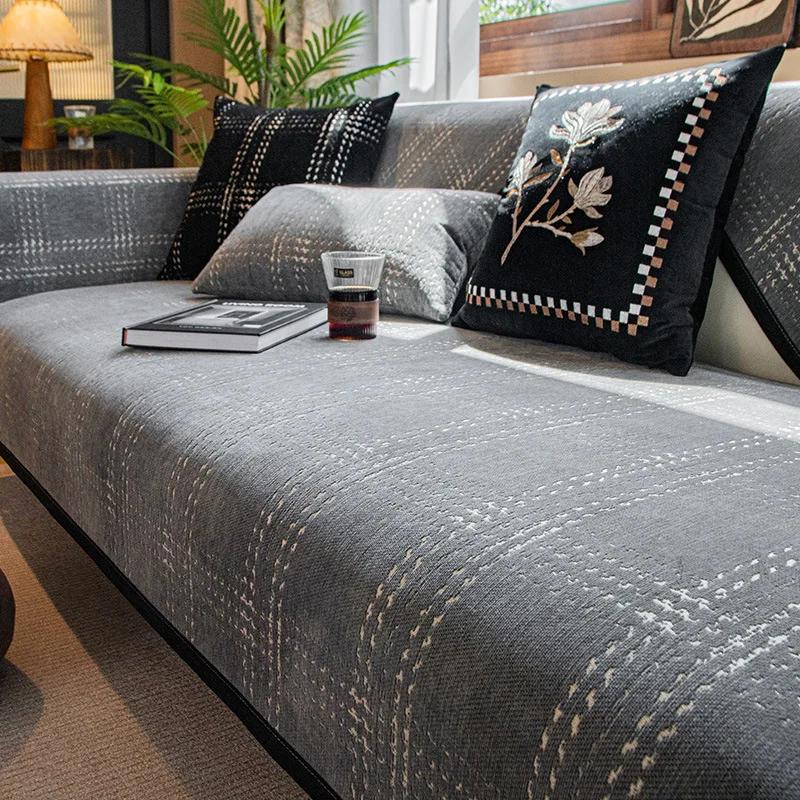 Chenille Sofa Couch Cover Solid Color Square Grid Couch Covers Washable Anti-Slip Sofa Slipcover Stain Resistant Sofa Cushion