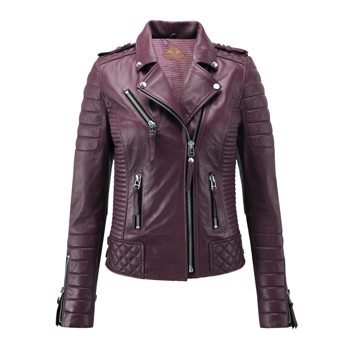 

SKINOUTFIT Women s Motorcycle Leather Jacket Genuine Burgundy Lambskin Cafe Racer Biker Outerwear XL коричневий