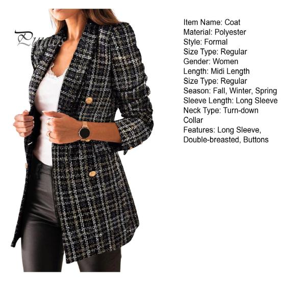 Winter Coat Women Autumn Blazer Lapel Cardigan Long Sleeves Double-breasted Slim Fit Lady Warm Casual Thick Plaid Print for Work