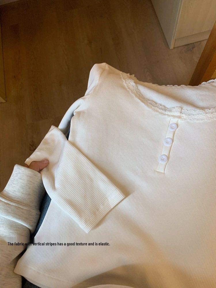 Höst Vit Spetskant Långärmad Dam T-shirt - Söt Koreansk Stil Trendig Baslager