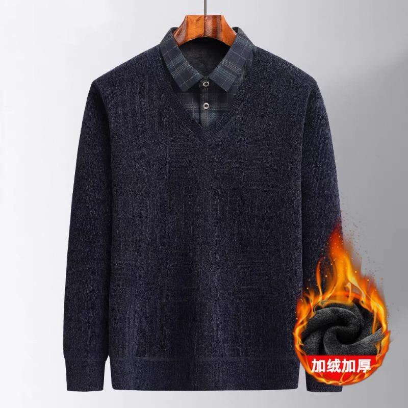 Men S Winter Warm Fake Two Piece Knitted Sweater Middle Age Dad Snow Yarn Pullover