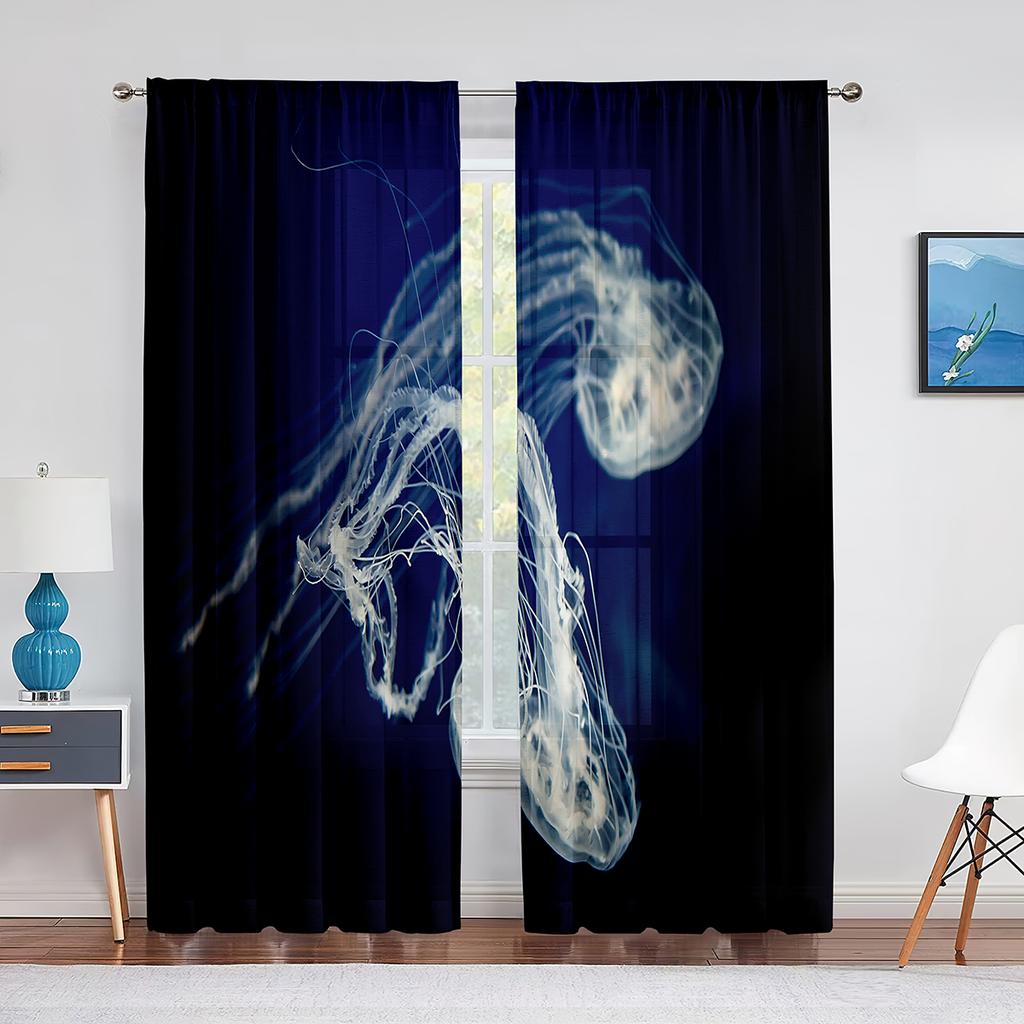Jellyfish In The Deep Ocean Window Tulle Curtains Foamy Dreamy Blue Ocean Sheer Voile Curtain for Living Room Bedroom Decoration