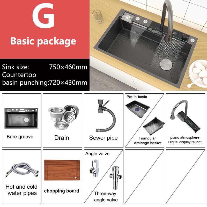 Edelstahl-Wasserfall-Küchenspüle, großes Einzelfach, integriertes Digitaldisplay, Wasserhahn-Set, multifunktionales Waschbecken