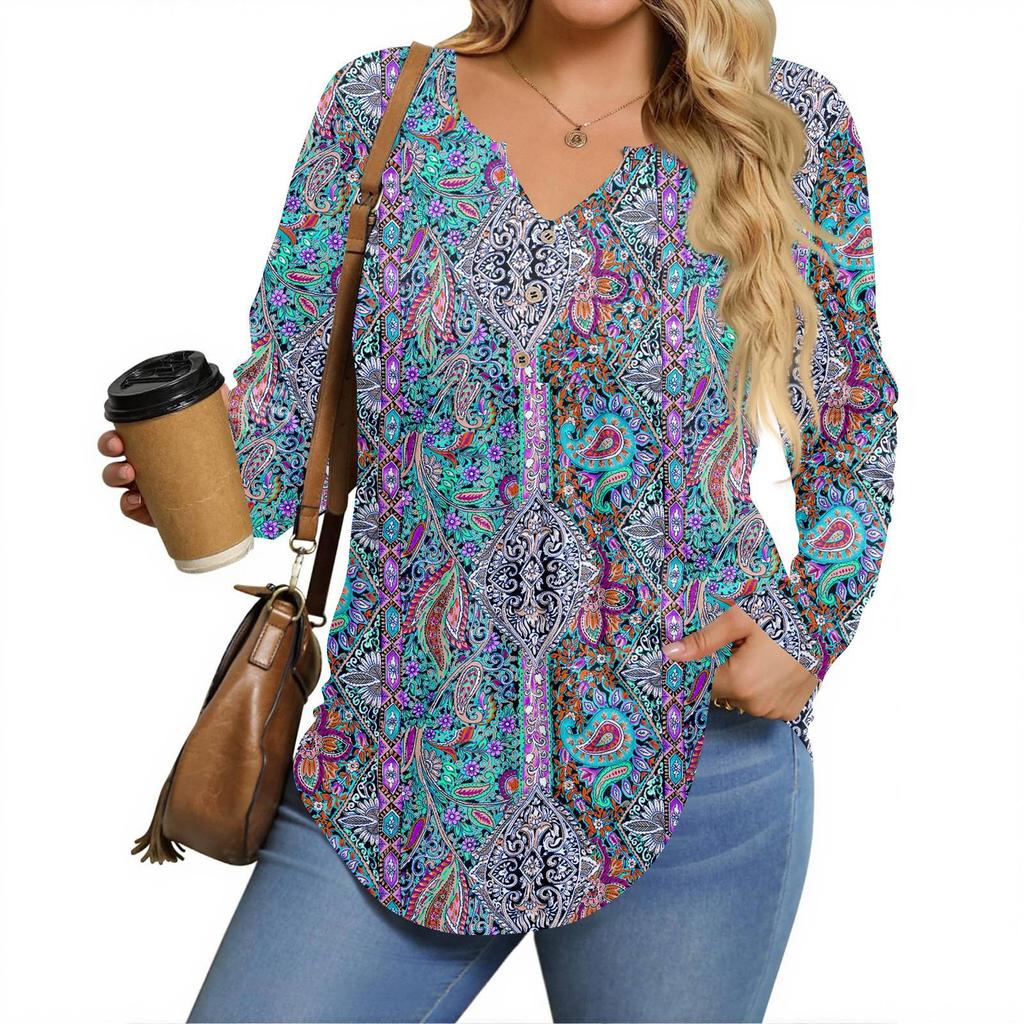 Womens Plus Size Long Sleeve Shirts  V Neck Tunic Tops Basic Loose Fit Tee Tops