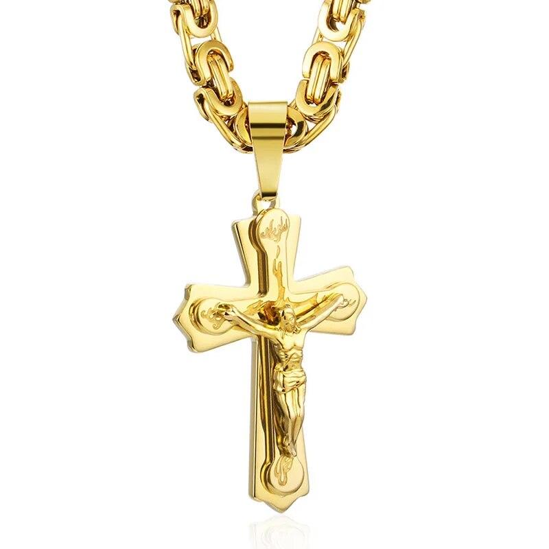 Diyalo Religious Jesus Cross Necklace Men Stainless Steel Crucifix Pendant with Byzantine Chain Necklaces Male Necklace Jewelry