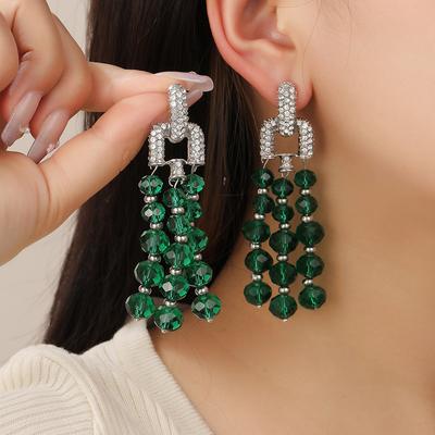 Boucles d'oreilles pendantes longues vintage de luxe avec franges de perles de cristal vert exagérées pour femmes